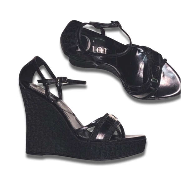 DIOR Black Diorissimo Oblique Monogram Trotter Logo Platform Sandal Wedge Heels - Picture 3 of 11